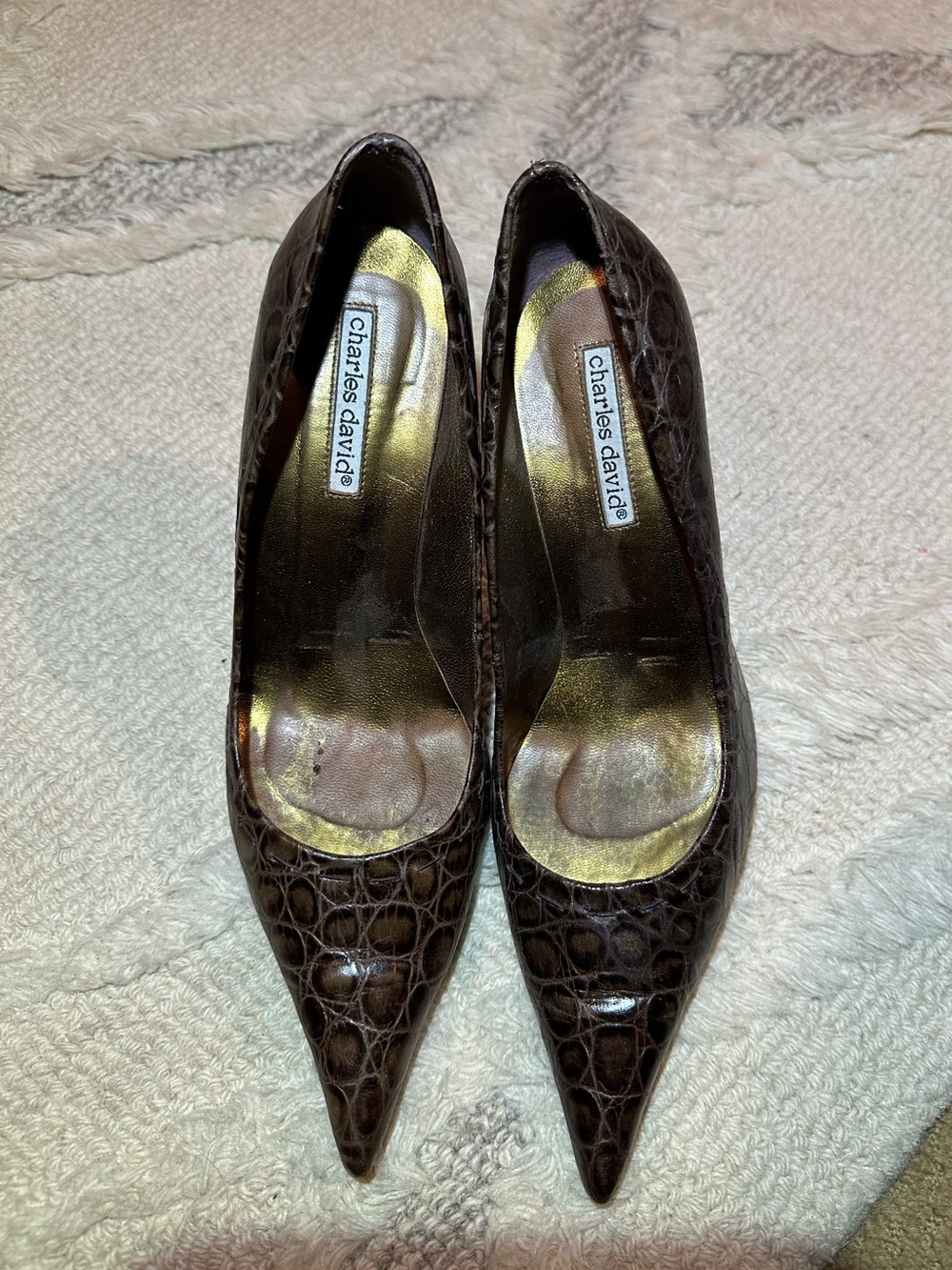 Charles David Dark Brown Croc-Embossed Pointed Toe Pumps